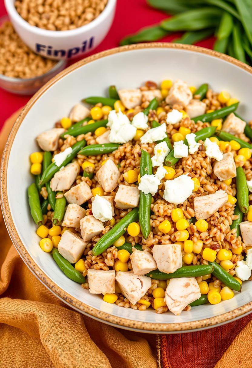 Chicken, Green Bean, Corn, and Farro Salad with Goat Cheese